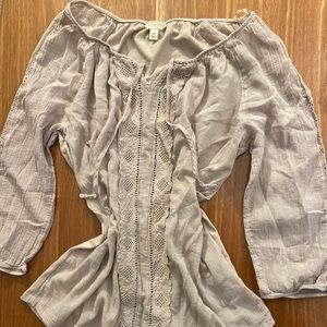 Sonoma Lifestyle Embroidered Eyelet Tie Neck Loose Knit Boho Top 3/4 Sleeve